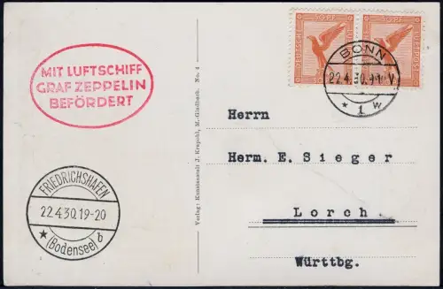 Zeppelin Dt. Reich 1930 Landungsfahrt Bonn Rückfahrt AK Si 54 C/1800