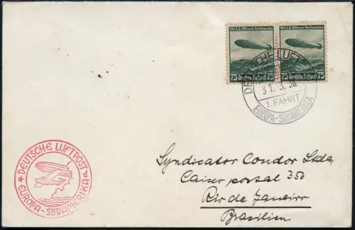 Zeppelin 1936 Dt. Reich 1. SAF LZ 129 Bordpost 31.3.36 Brief Si 403 A / 2399