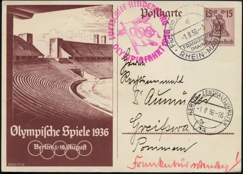 Zeppelin Dt. Reich 1936 Olympiafahrt Ganzsache FFM Greifswald Si 427 Bd / 1666