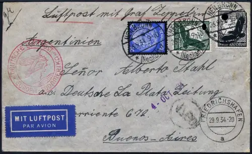 Zeppelin 1934 Dt. Reich 9. SAF Heilbronn Brief Argentinien Si 277 Aa / 2086