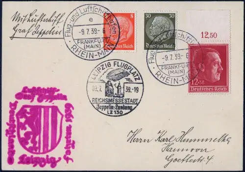 Zeppelin 1939 Dt. Reich Fahrt nach Leipzig Postkarte Hannover Si 457  / 2170