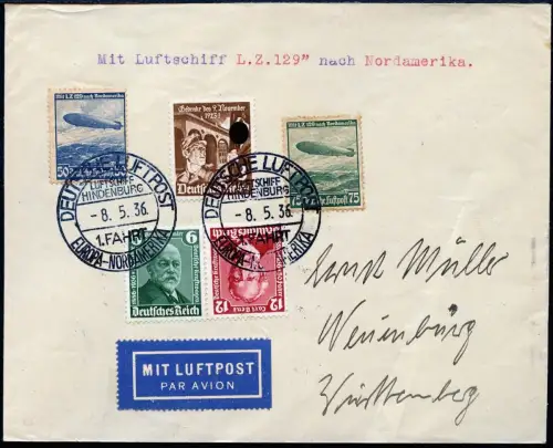 Zeppelin 1936 Dt. Reich 1. NAF LZ 129 Brief Satzfrankatur Si 407 A / 2403