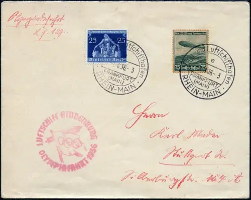 Zeppelin 1936 Dt. Reich Olympiafahrt Brief Rhein-Main Stutgart Si 427 B / 2405