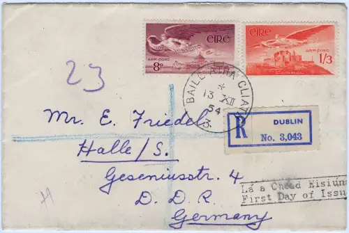 Irland 1952 Reko-FDC Flugpost Engel 124-125 Dublin Halle Deutschland / 1217