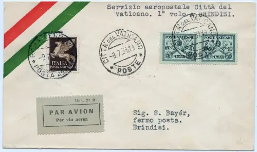 Vatikan 1931 First Flight Erstflug Brief FFC MiF Italien Rom Brindisi /1218