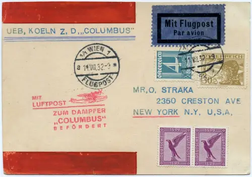 Österreich 1932 Nachbringeflug zum Dampfer Columbus aus Wien Gepr Sieger / 1219