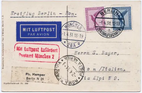 Dt. Reich 1931 Erstflug FFC Berlin München Rom Ansichtskarte Reichstag / 1236