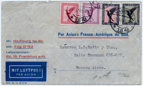 Dt. Reich 1929 Brief Hamburg Argentinien RM 4,25 Franz. Flugpost Marseille /1237