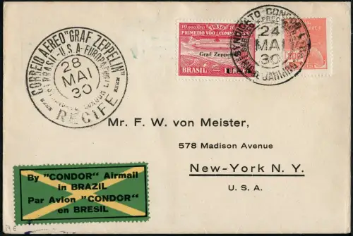 Zeppelin 1930 Brasilien SAF Brief MiF ZP 5 Rio de Janeiro New York Si 59 E/ 2440