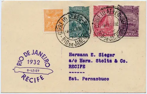 Zeppelin 1932 Brasilien 6. SAF Etappe Rio - Recife Postkarte Si 178 B / 2448