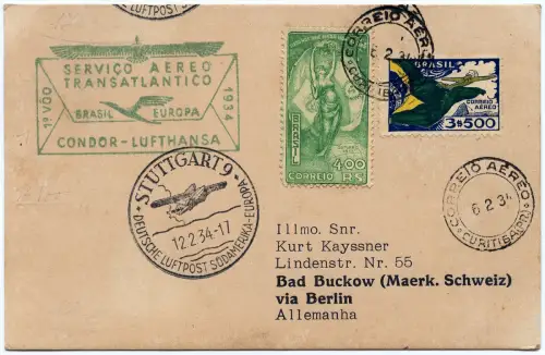 Katapult 1934 Brasilien 1. Post Sonderankunftsstempel Catapult H 301 a / 1221