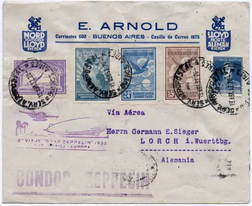 Zeppelin 1932 Argentinien 3. SAF Brief NDL Deutschland  Si 152 I / 2456