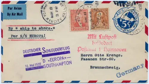 Katapult 1932 USA Brief Landpost NY City Hall Braunschweig Catapult H 78 a/ 1087