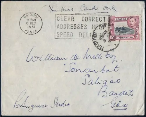 KUT 1951 Brief mit EF 15c Kilimandscharo Vulkan Nairobi Portugiesisch Indien/803