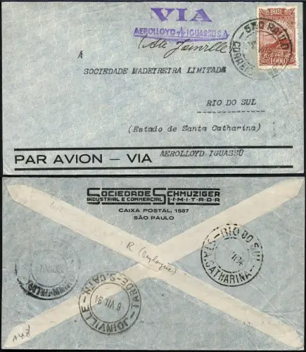 Brasilien 1934 Aerolloyd Iguassu Brief Sao Paulo Rio du Sul Flugpost / 1255