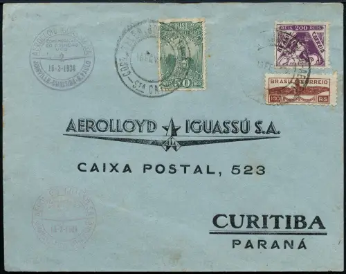 Brasilien 1934 Aerolloyd Iguassu Vordruckbrief Erstflug Joinville Curitiba/ 1259