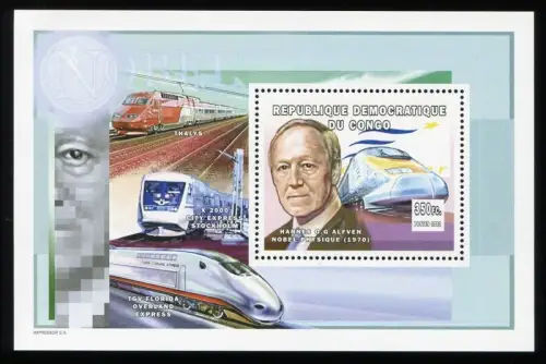 Kongo Kinshasa Congo 2002 Nobelpreis Eisenbahn Alfven Physik Block 135 MNH