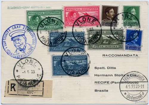 Zeppelin 1933 Albanien 1. SAF Vlone F´hafen Rom Mailand Brasilien Si 202 / 2459