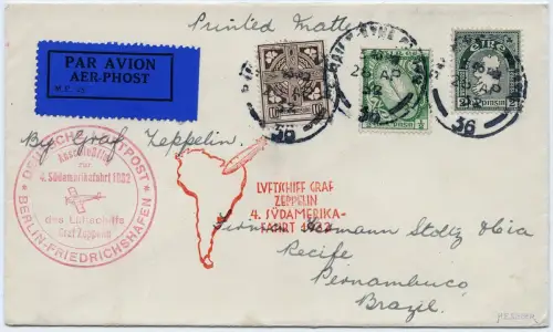 Zeppelin 1932 Irland 4. Südamerikafahrt Anschlußflug Berlin Recife Si 157 / 2461