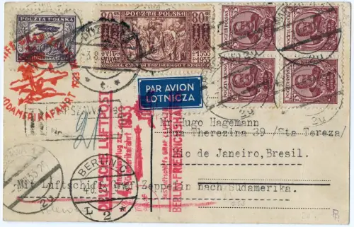 Zeppelin 1933 Polen 4. SAF Warschau Posen Berlin Rio Postkarte Si 223 B / 2463