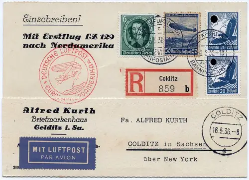 Zeppelin 1936 Dt. Reich 1. NAF Reko-Karte Bahnpostamt FFM Si 406 D  / 2472