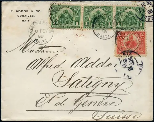 Haiti 1908 Brief MiF 5 C Gonaives Port-au-Prince Paris Satigny Schweiz / 55