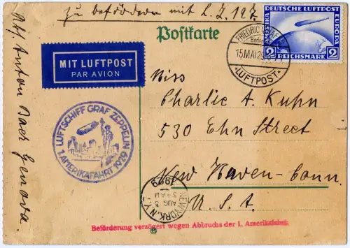 Zeppelin 1929 Dt. Reich Amerikafahrt Abbruchstempel EF 2 RM USA Si 26 A / 2479