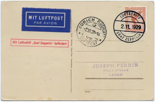 Zeppelin 1929 Dt. Reich Fahrt nach Dübendorf Bordpost Leysin AK Si 45 / 2480