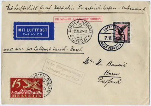 Zeppelin 1929 Dt. Reich Dübendorf Bordpost MiF Schweiz Flugpost Bern Si 45/ 2481