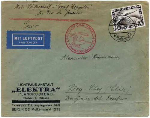 Zeppelin 1930 Dt. Reich SAF EF 4 RM Firmen-Brief Llay-Llay Chile Si 57 M / 2483