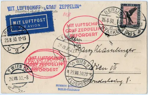 Zeppelin 1930 Dt. Reich Ostpreußenfahrt AK Königsberg Berlin Wien Si 80 Ca/ 2484