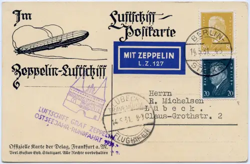 Zeppelin 1931 Dt. Reich Ostseejahr-Rundfahrt AK Berlin Lübeck Si 108 Bd / 2488