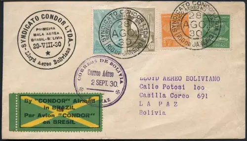 Brasilien 1930 First Flight Erstflug MiF Condor C2 + C4 Rio La Paz Bolivien/ 233