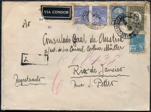 Brasilien 1934 Schwerer Reko-Brief Luftpost Condor 13800 Reis Porto Alegre / 171