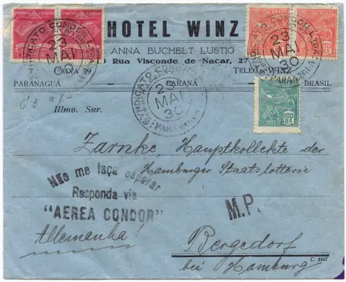 Brasilien 1930 Condor MiF Hotel-Brief Paranagua Bergedorf Hamburg / 1268