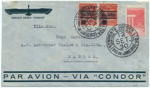 Brasilien 1930 Condor MiF C 14 Paar Brief  Rio de Janeiro Santos / 1269
