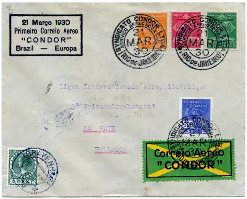 Brasilien 1930 FFC Erstflugbrief Condor Drei-Länder-Frankatur Rio Holland / 1271