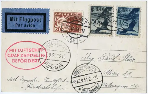 Zeppelin 1931 Österreich Öhringen Wien Frankfurt/Main F´hafen Wien Si 128 / 2493
