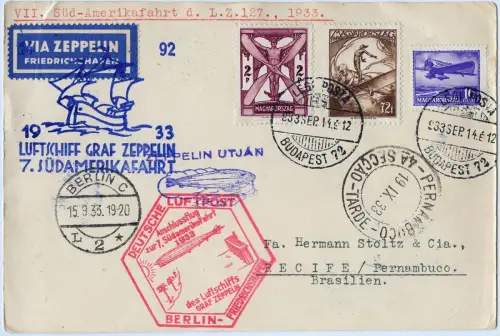 Zeppelin 1933 Ungarn 7. SAF Anschlussflug Budapest Brasilien PK Si 232 / 2495