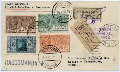 Zeppelin 1932 Italien 5. SAF Reko-Brief Rom Paris F`hafen Recife Si 171 / 2501