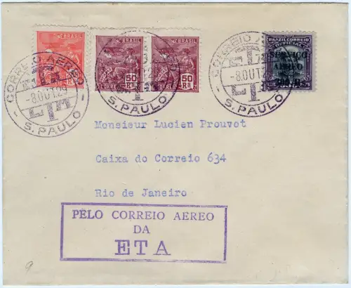 Brasilien 1929 FFC Erstflugbrief ETA 8.10.29 Sao Paulo Rio de Janeiro / 1272