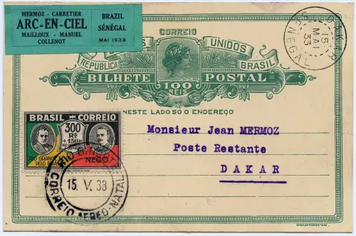 Brasilien 1933 FFC Erstflugkarte 15.5.33 Jean Mermoz Natal Dakar Senegal / 1273