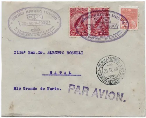 Brasilien 1930 First Flight Erstflug CAB 29.4.30 Recife Natal Pernambuco / 1275