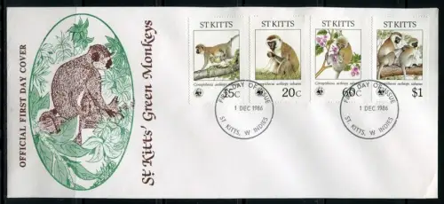 St. Kitts 1986 WWF Affen Monkeys Landes-FDC First Day Cover