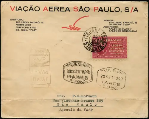 Brasilien 1940 FFC Erstflugbrief VASP 20.9.40 Itajahy Sao Paulo / 1279