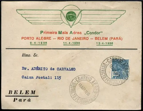Brasilien 1936 FFC Erstflugbrief Condor Rio Belem vom 10.4.36 Teilstrecke / 1280