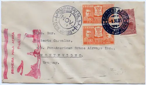 Brasilien 1931 FFC Erstflugbrief Panair 1.11.31 Rio Montevideo Uruguay / 1281