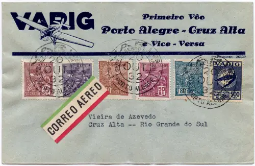 Brasilien 1932 First Flight Erstflug Varig 20.10.32 Porto Alegre Cruz Alta/ 1282