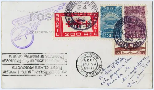 Brasilien 1933 FFC Erstflugkarte Panair Belem 24.10.33 Manaus Foto-Karte / 1283