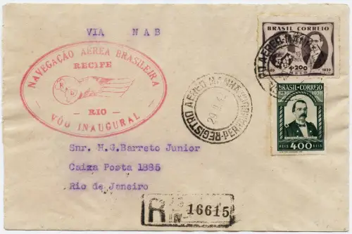 Brasilien 1942 FFC Reko-Erstflugbrief NAB Recife Rio de Janeiro / 1286